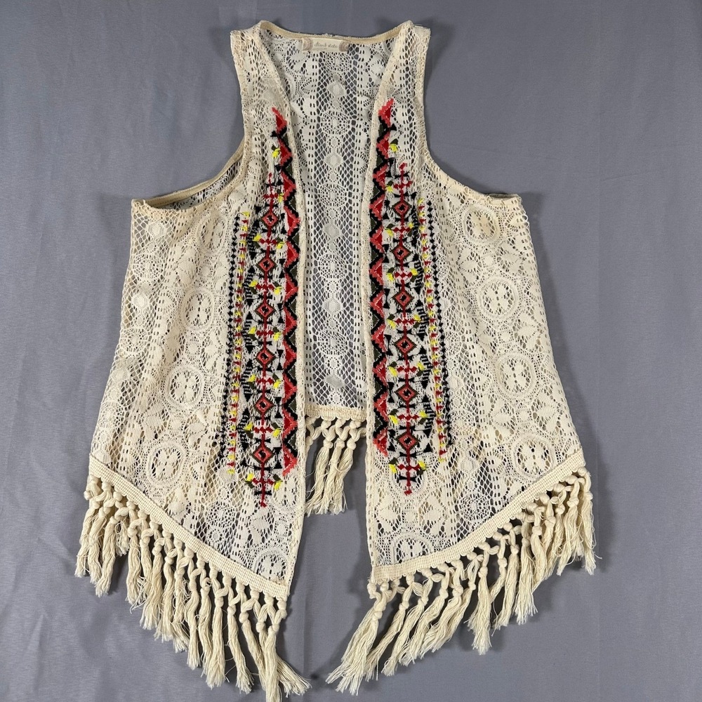 Altar'd State Womens Medium Cream Lace Embroidered Fringe Vest Boho Festival‎